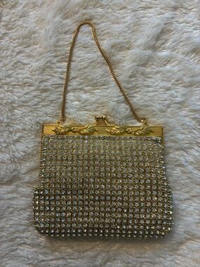 Vintage Gold Rhinestone Evening Wristlet Clutch with Chain Handle